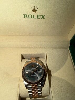 Rolex Two-Tone Silver and Rose Gold Watch with Green Dial